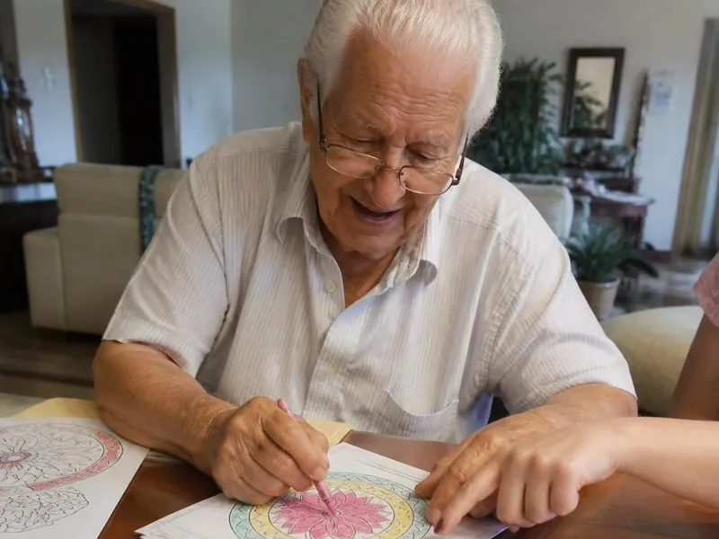 Senhor sorrindo enquanto pinta uma folha na mesa da sala