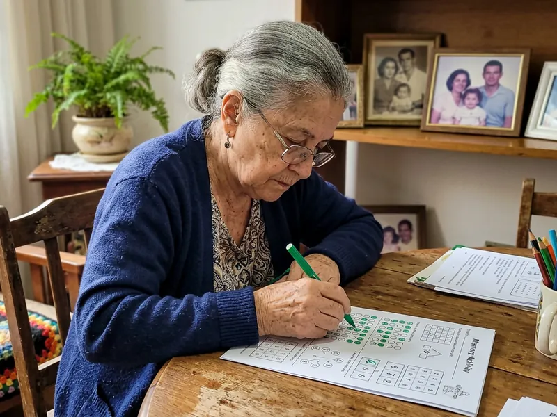 Senhora concentrada fazendo uma atividade na mesa