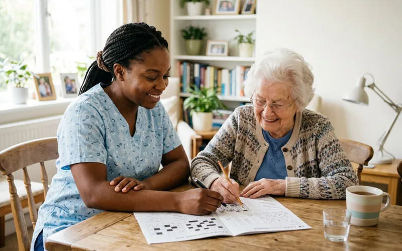 Cuidadora e senhora fazendo uma atividade juntas na mesa