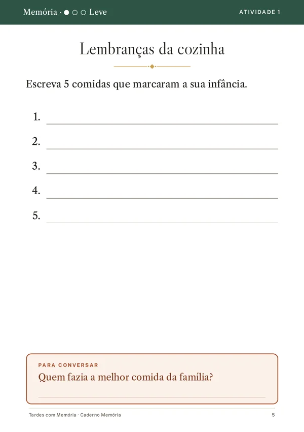 Folha real do caderno Memória: escreva 5 comidas que marcaram a sua infância. No pé da folha, a pergunta: quem fazia a melhor comida da família?