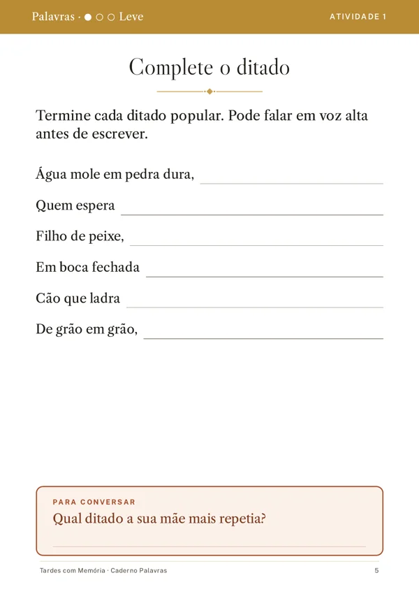 Folha Complete o ditado, caderno Palavras, nível leve