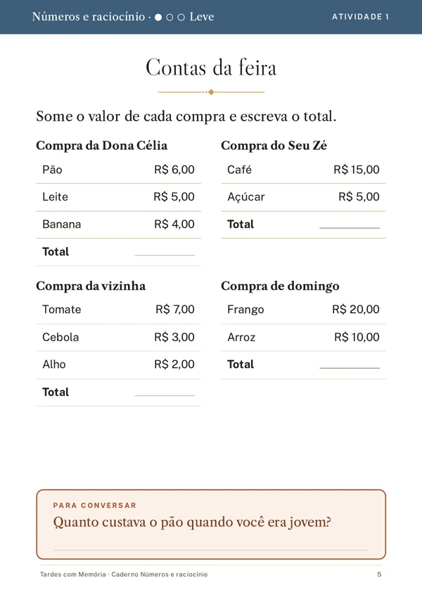 Folha Contas da feira, caderno Números, nível leve