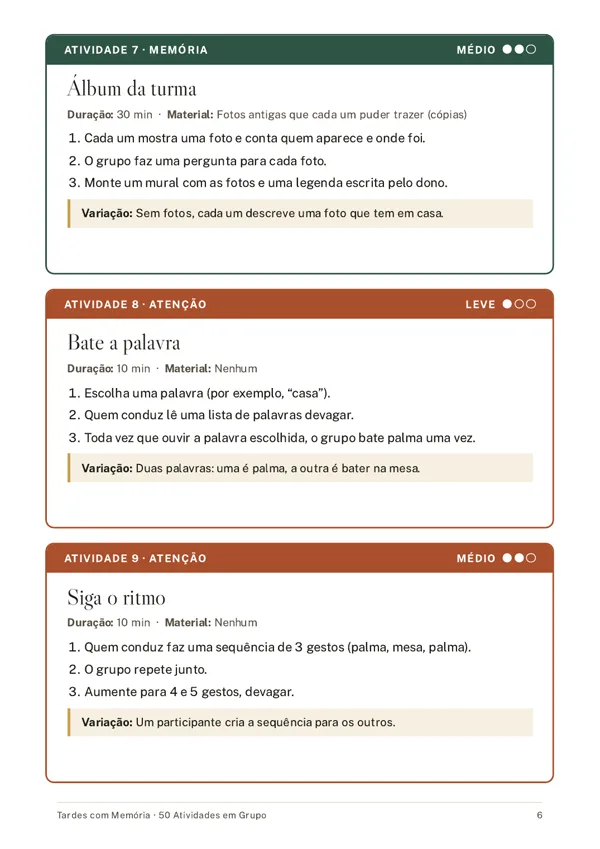 Página das Atividades em Grupo, com Álbum da turma, Bate a palavra e Siga o ritmo